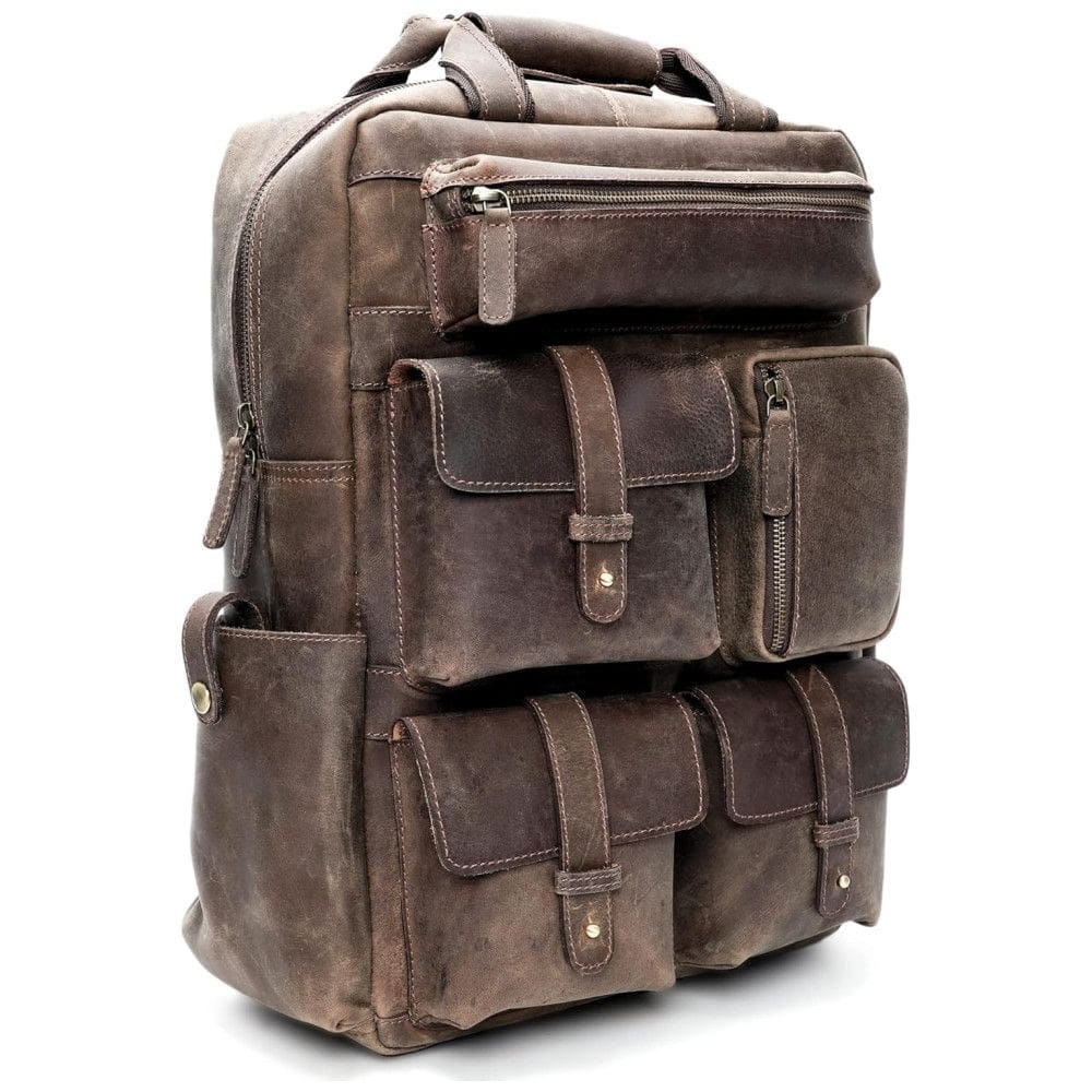 Mochila Masculina Retrô para Laptop de Couro, LUXEORIA, Marrom