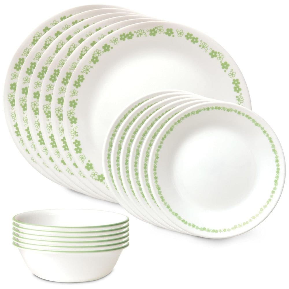 Jogo de Jantar em Vidro Corelle Vitrelle 18 Peças para 6 Pessoas - Resistente a Rachaduras, Estilo Primavera Verde