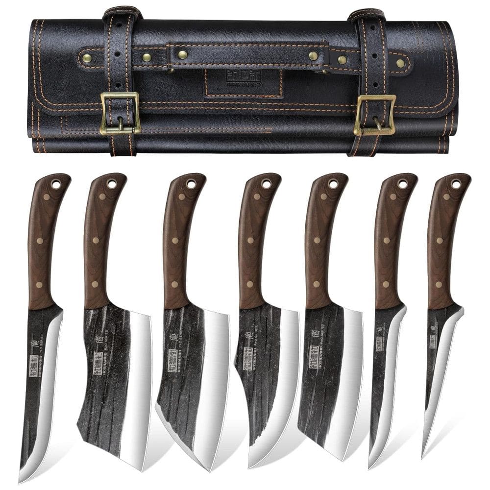 Conjunto de Facas de Açougueiro HOSHANHO, Forjadas à Mão com Bolsa de Rolagem, Faca Afiada para Carnes e Ossos - Kit Açougueiro
