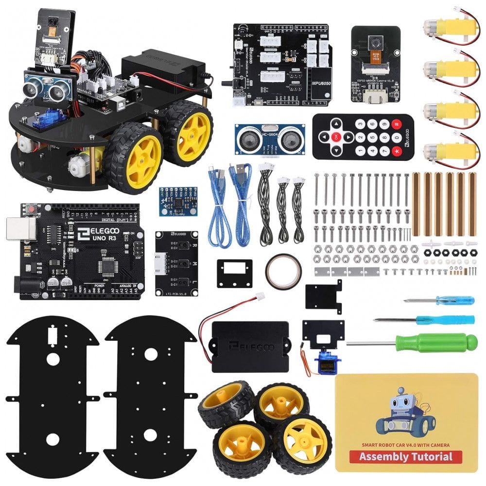 Kit de Construção Carro Robô Inteligente UNO R3 com Sensor Ultrassônico e Controle Remoto para Crianças de 12 Anos ou Mais, ELEGOO, Preto