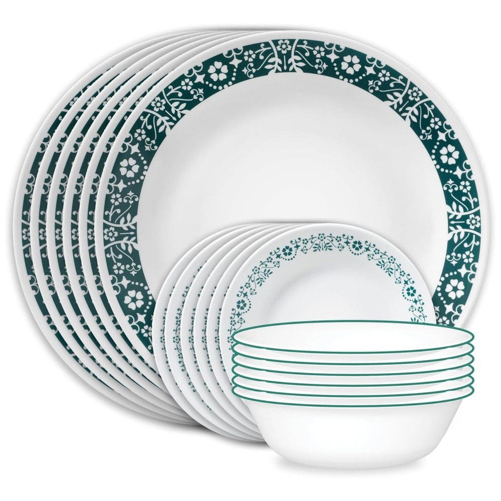 Conjunto de Jantar em Vidro Corelle Vitrelle 18 Peças, Serviço para 6 Pessoas, Resistente a Rachaduras, Cor Verde Esmeralda - Penelope