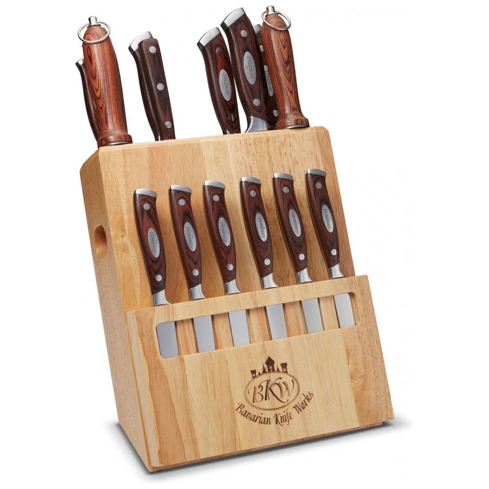 Conjunto de Facas BKW Bavarian Knife Works em Aço Inoxidável com Bloco de Bancada Multinível e Cabo Ergonômico, 19 Peças, Marrom
