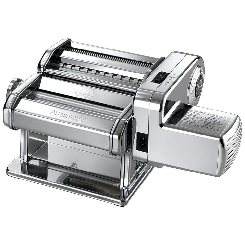 Máquina de Macarrão Elétrica MARCATO Atlasmotor 110V, Aço Cromado. Conjunto inclui Atlas 150, manivela, braçadeira, motor Pastadrive
