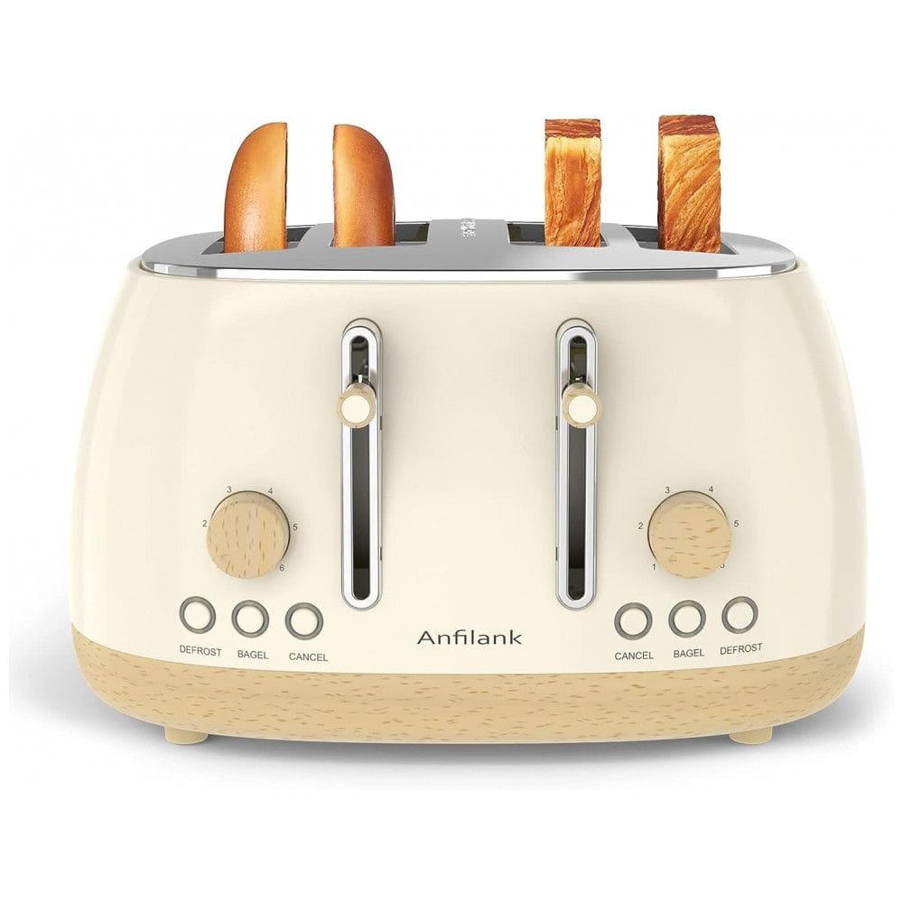 Torradeira Elétrica 4 Fatias com 6 Níveis de Tostagem, Função Descongelar e Bandejas de Migalhas Removíveis, 110V 1500W, Anfilank, Creme