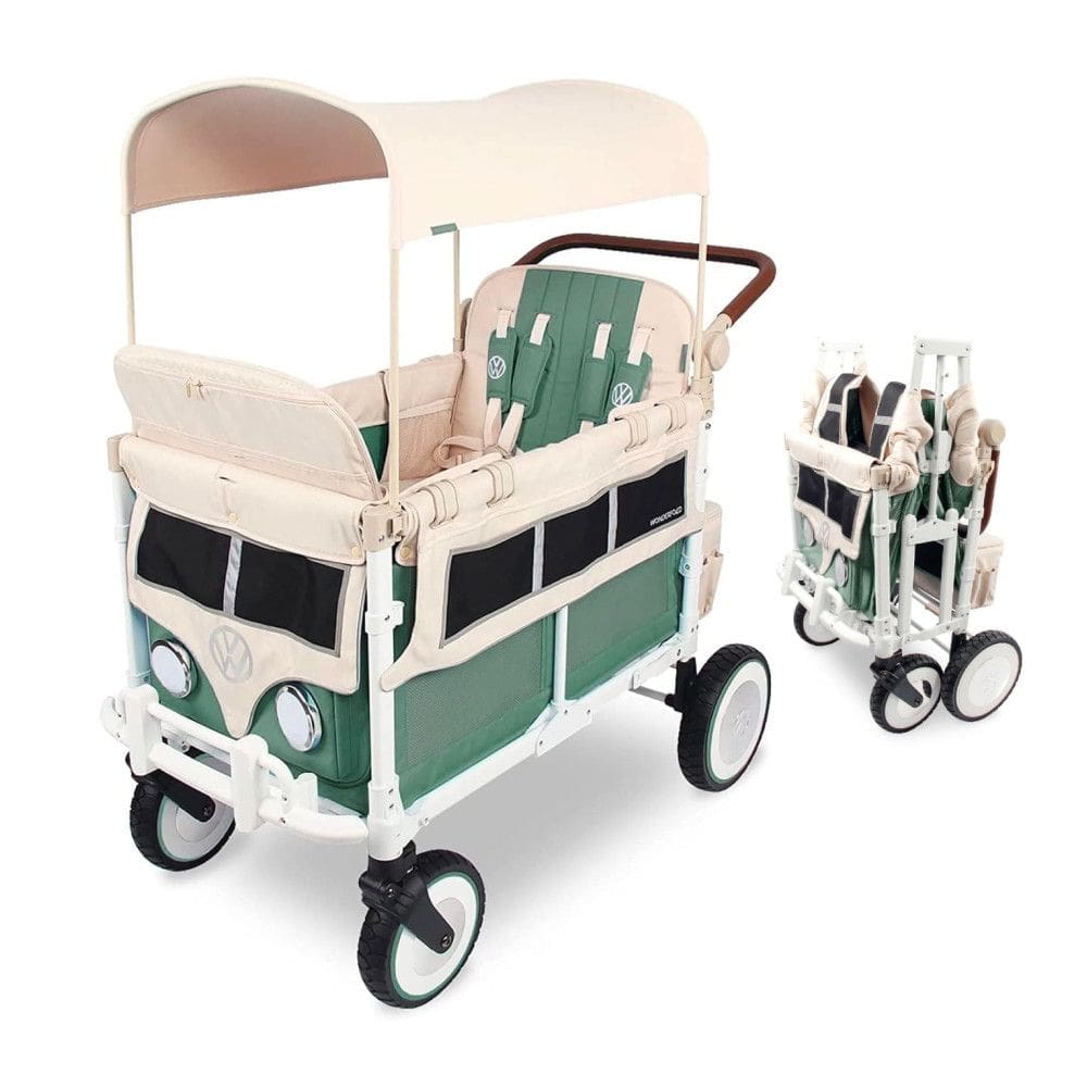 Carrinho de Passeio para 4 Crianças Multifuncional com Faróis Funcionais e Rodas Retrô, até 136 kg, WONDERFOLD Volkswagen, Verde