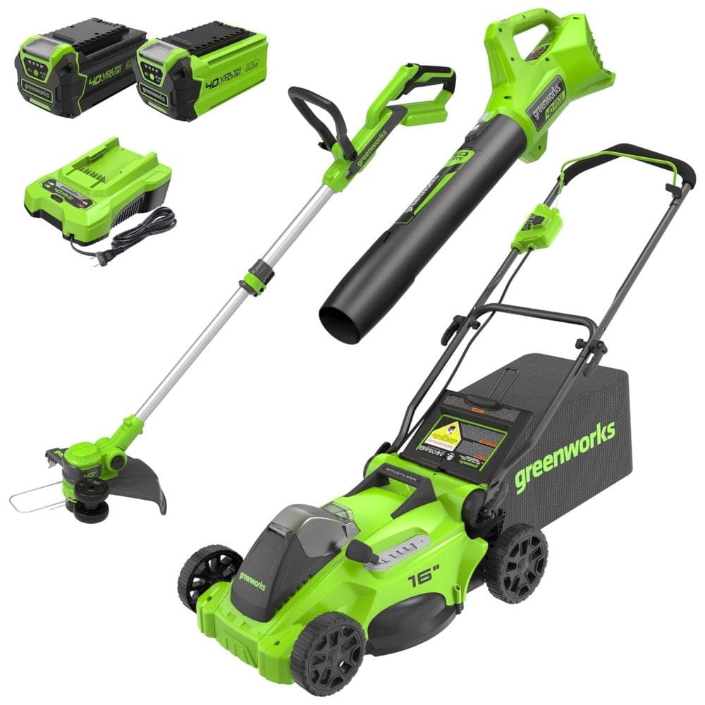 Combo Greenworks 40V: Cortador de Grama Sem Fio, Soprador de Folhas e Aparador de Grama com Bateria 4.0Ah e 2.0Ah - Kit Completo