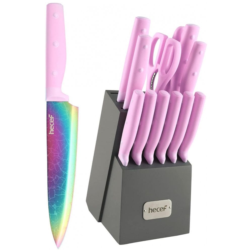 Conjunto de Facas Hecef em Titânio com Bloco de Bancada e Afiador Embutido, 14 Peças, Rosa