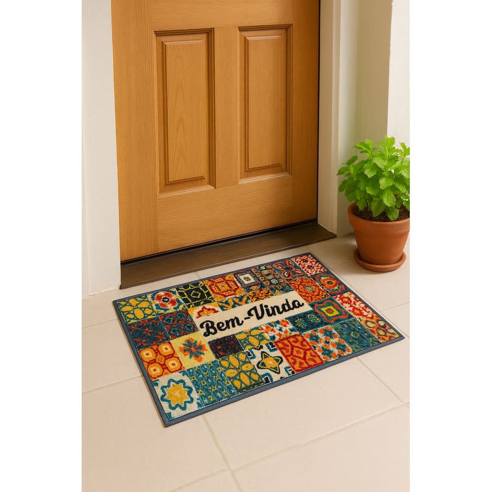 Tapete De Entrada 100% Poliéster Base Látex Antiderrapante 75x45cm - Azulejos