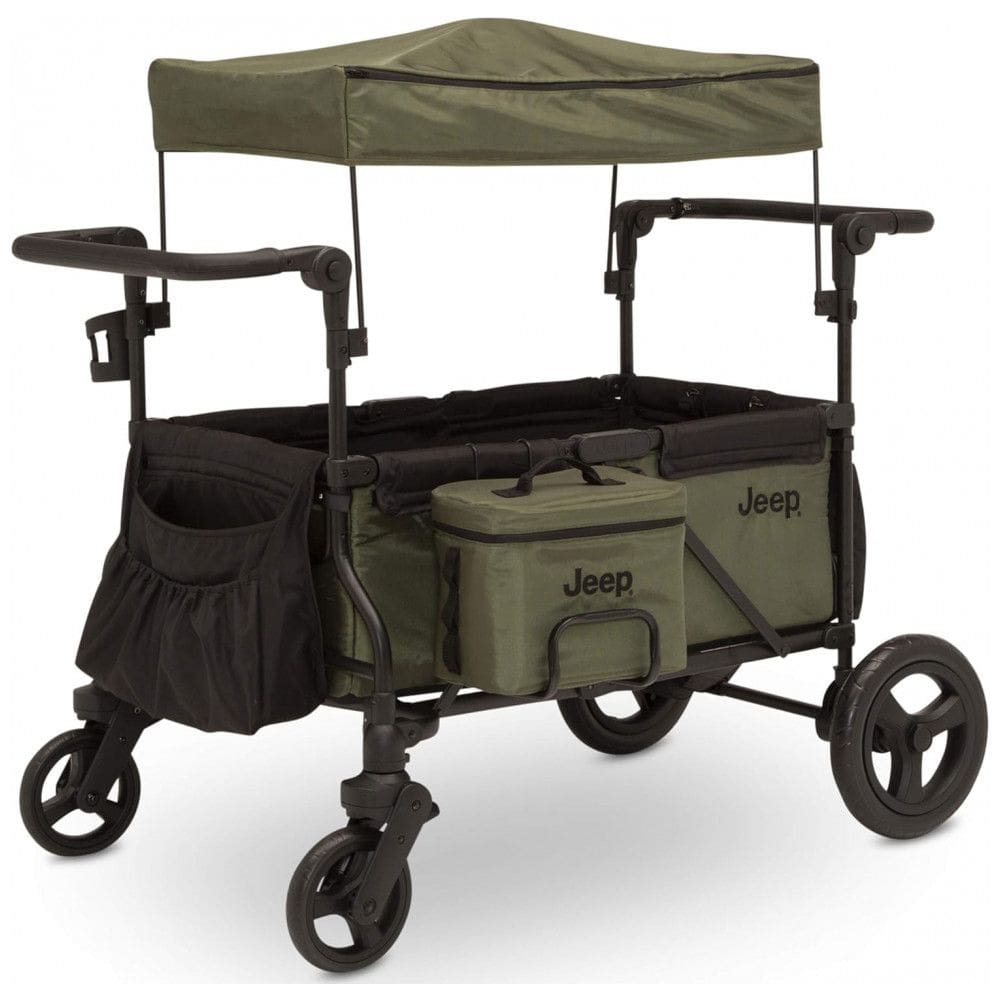 Carrinho de Passeio para 2 Crianças Multifuncional com Bolsa Térmica e Adaptador para Assento de Carro, até 50 kg, JEEP, Verde