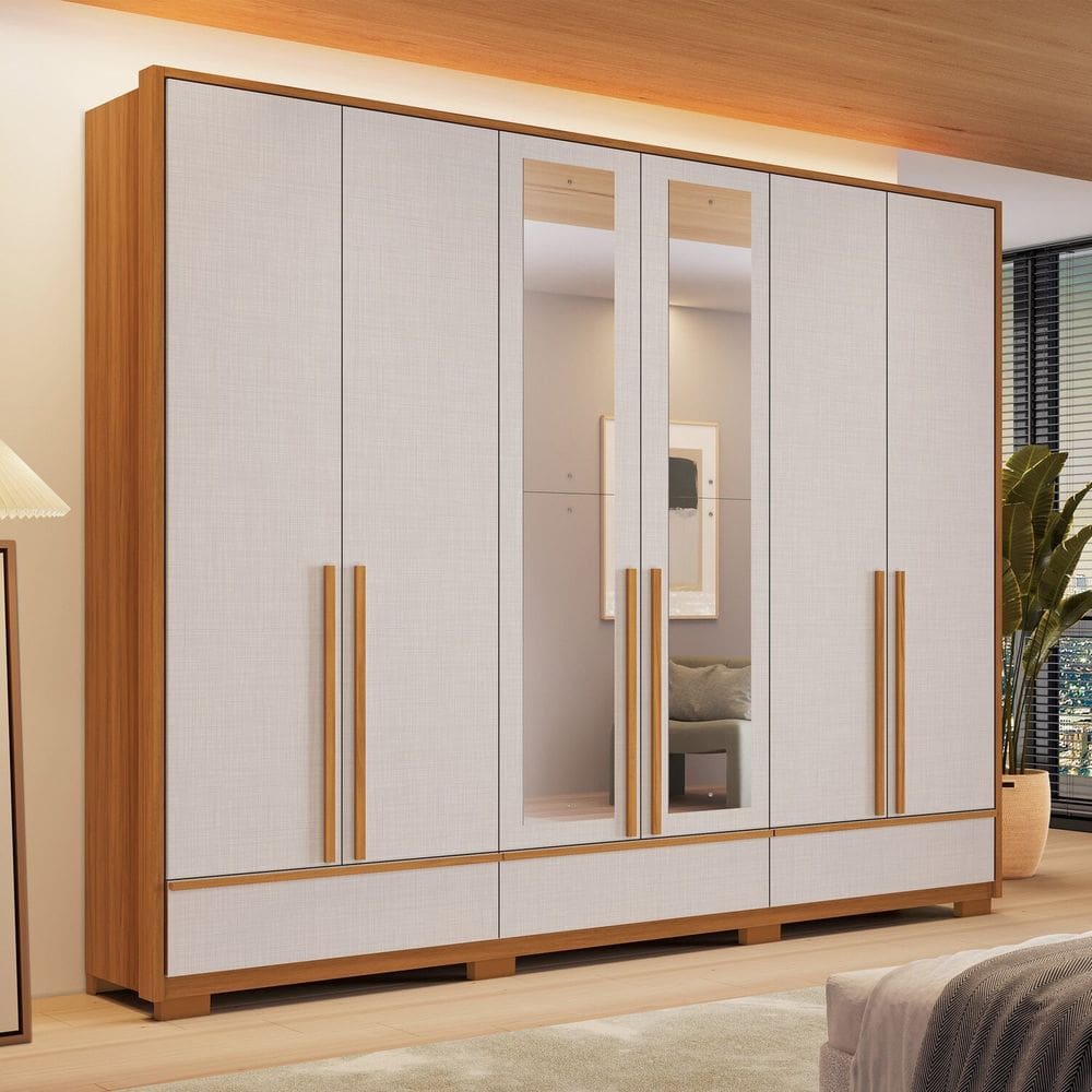 Guarda-roupa Nt 6035e em 100% Mdf com Espelho e 3 Gavetas Freijó Trend/Off White