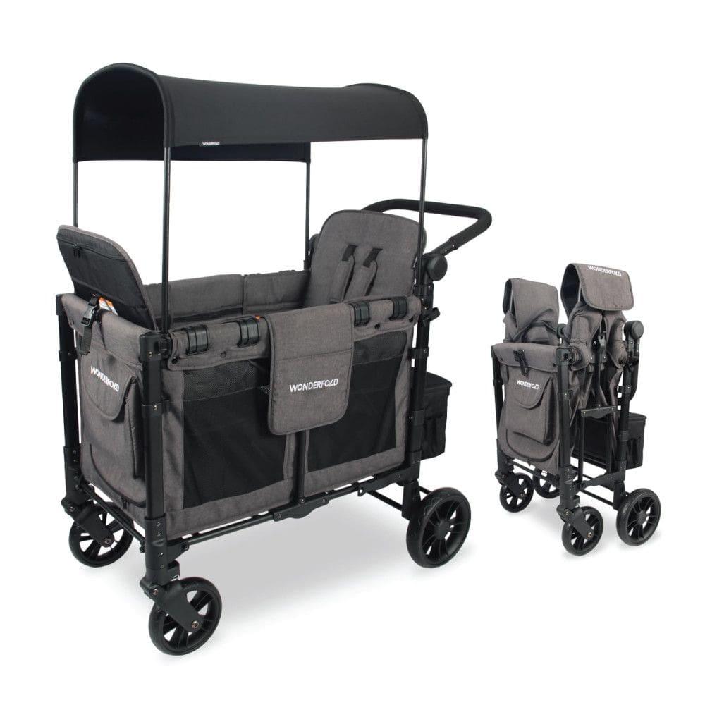 Carrinho de Passeio para 2 Crianças Multifuncional com Cobertura Removível e Dobramento, até 90 kg, WONDERFOLD W2, Cinza Carvão