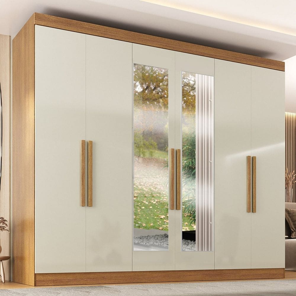 Guarda-roupa 6 Portas com Puxadores Mdf 50 e Espelho Paris Cinamomo/Off White