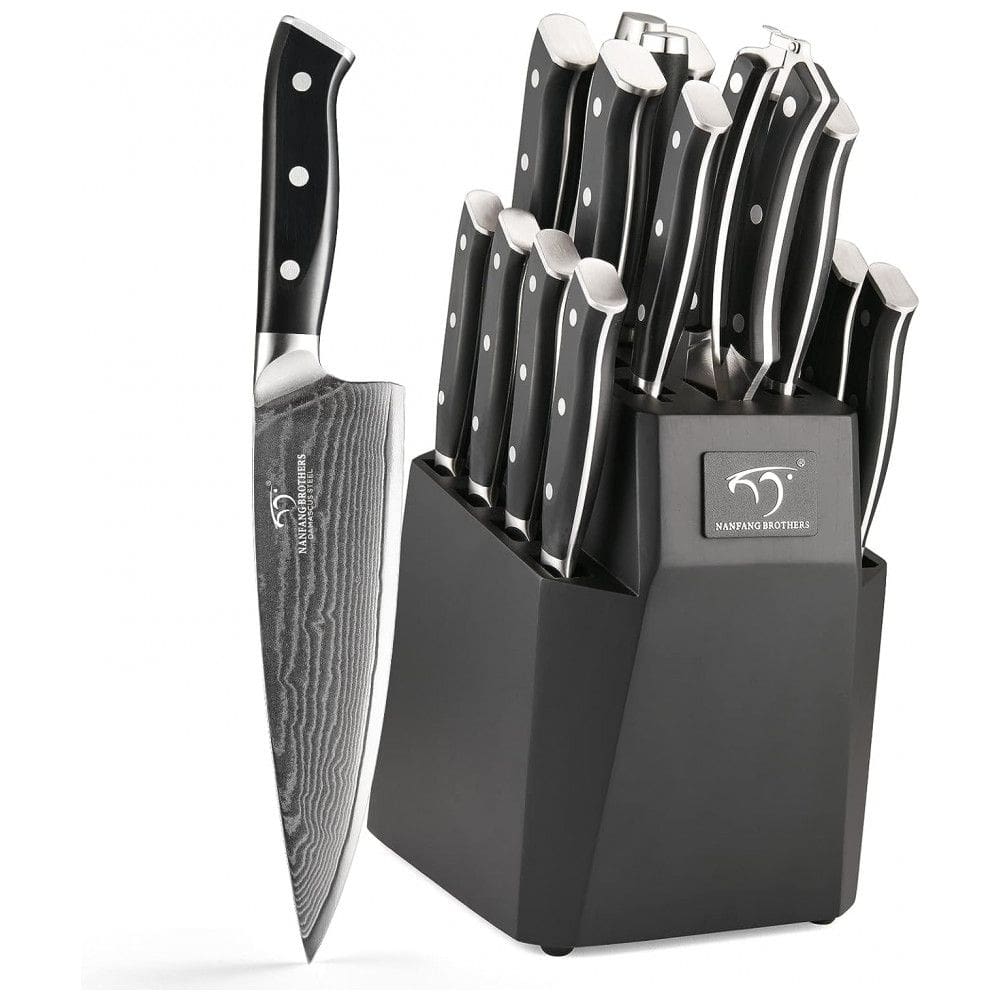 Conjunto de Facas em Aço Damasco VG10 com Bloco de Bancada e Cabo Ergonômico, 18 Peças, NANFANG BROTHERS, Preto
