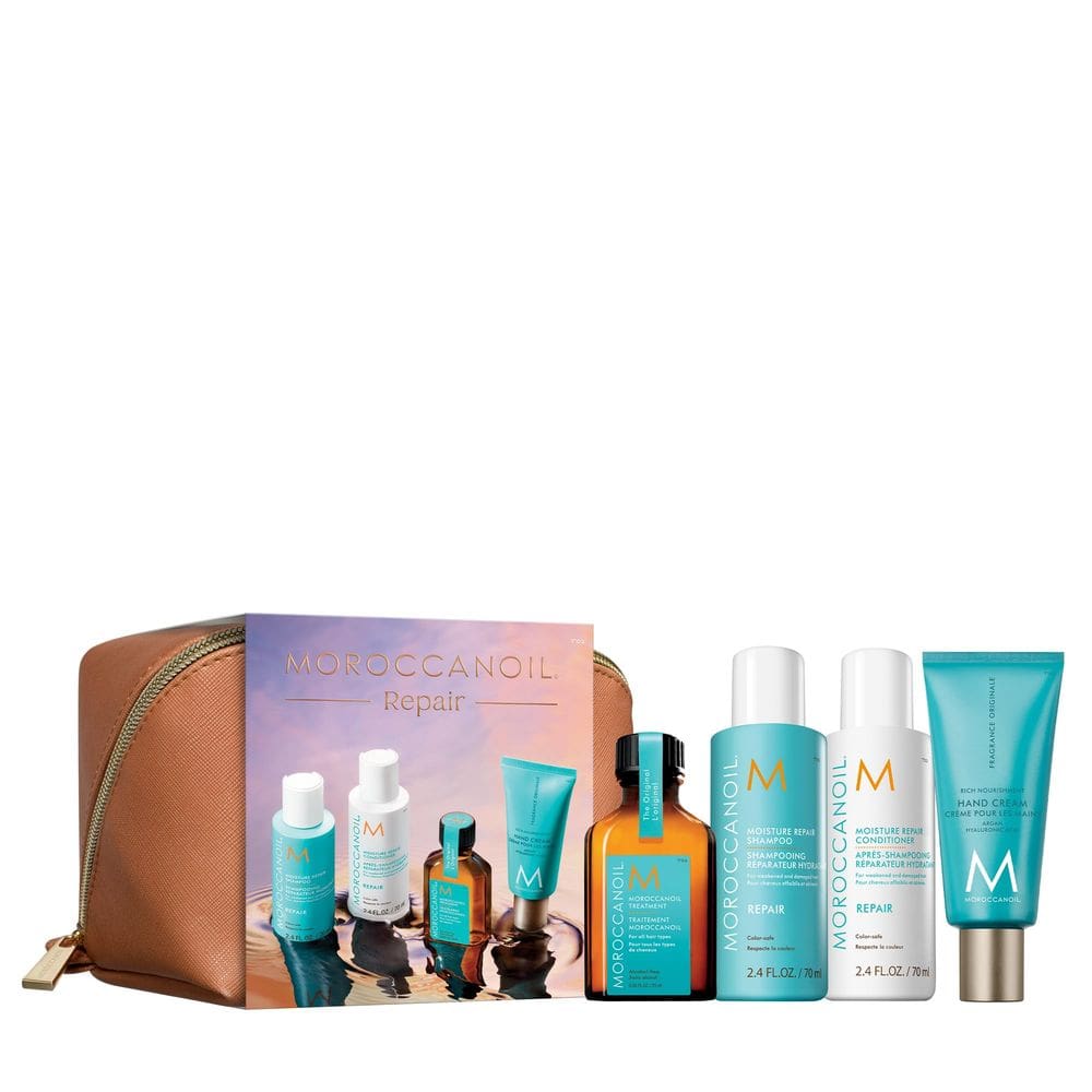 Conjunto de viagem Moroccanoil Repair com creme para mãos para cabelos danificados