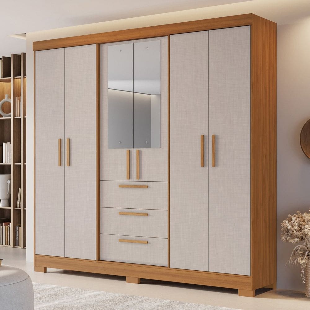 Guarda-roupa Nt 6030e em 100% Mdf com Espelho e 3 Gavetas Freijó Trend/Off White