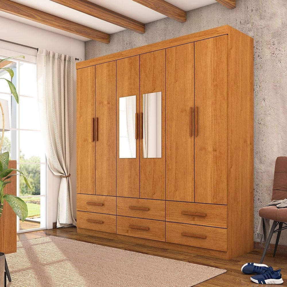 Guarda-roupa 6 Portas 6 Gavetas com Espelho Denver Cinamomo