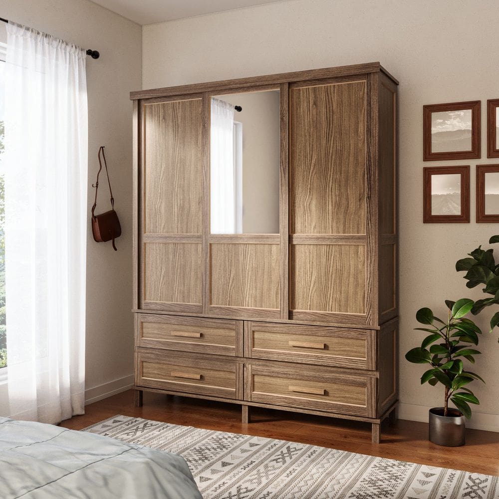 Guarda-roupa Casal com Espelho 3 Portas de Correr e 4 Gavetas Atenas Imbuia Natural