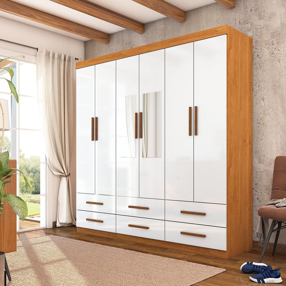 Guarda-roupa 6 Portas 6 Gavetas com Espelho Denver Cinamomo/Branco