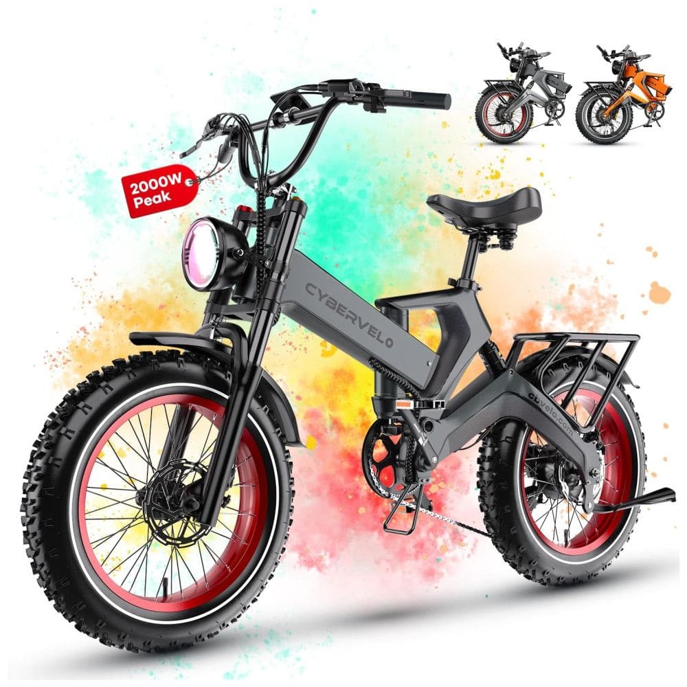Bicicleta Elétrica Dobrável Cybervelo 1000W de Pico 2000W para Adultos, 35MPH 160KM, Bateria Removível 48V 25Ah, Pneu Gordo 20” x 4.