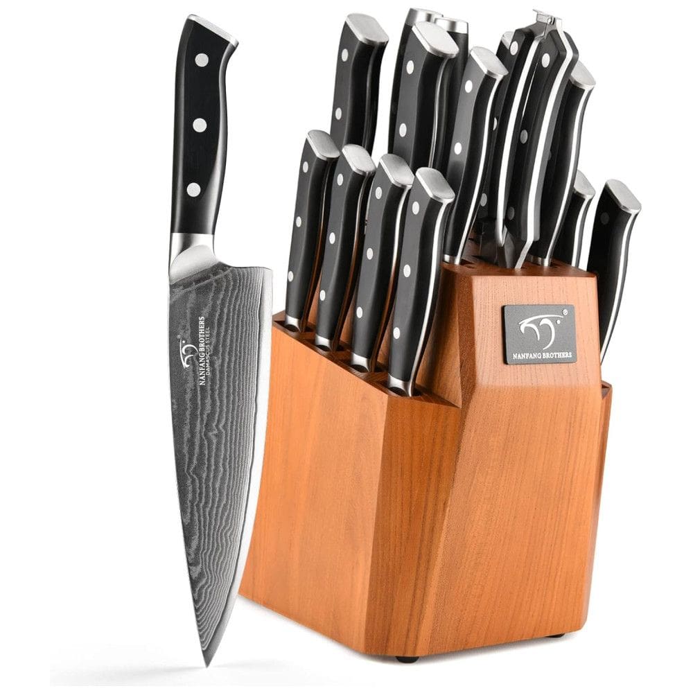 Conjunto de Facas com Bloco de Bancada com Afiador Embutido e Cabo Ergonômico, 18 Peças, NANFANG BROTHERS, Preto