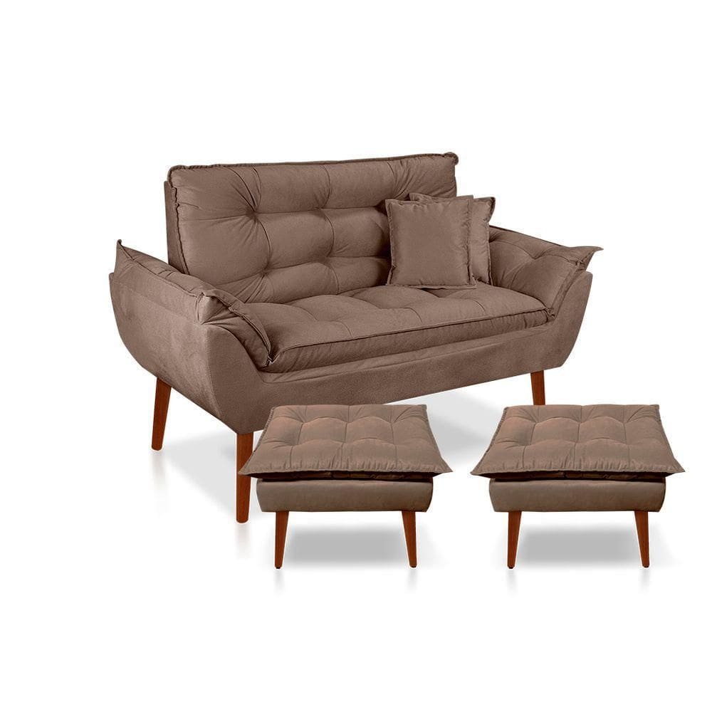 Kit Poltrona Decorativa Namoradeira 2 Puffs Opala E 2 Almofadas Suede Cappuccino- Lm Decor