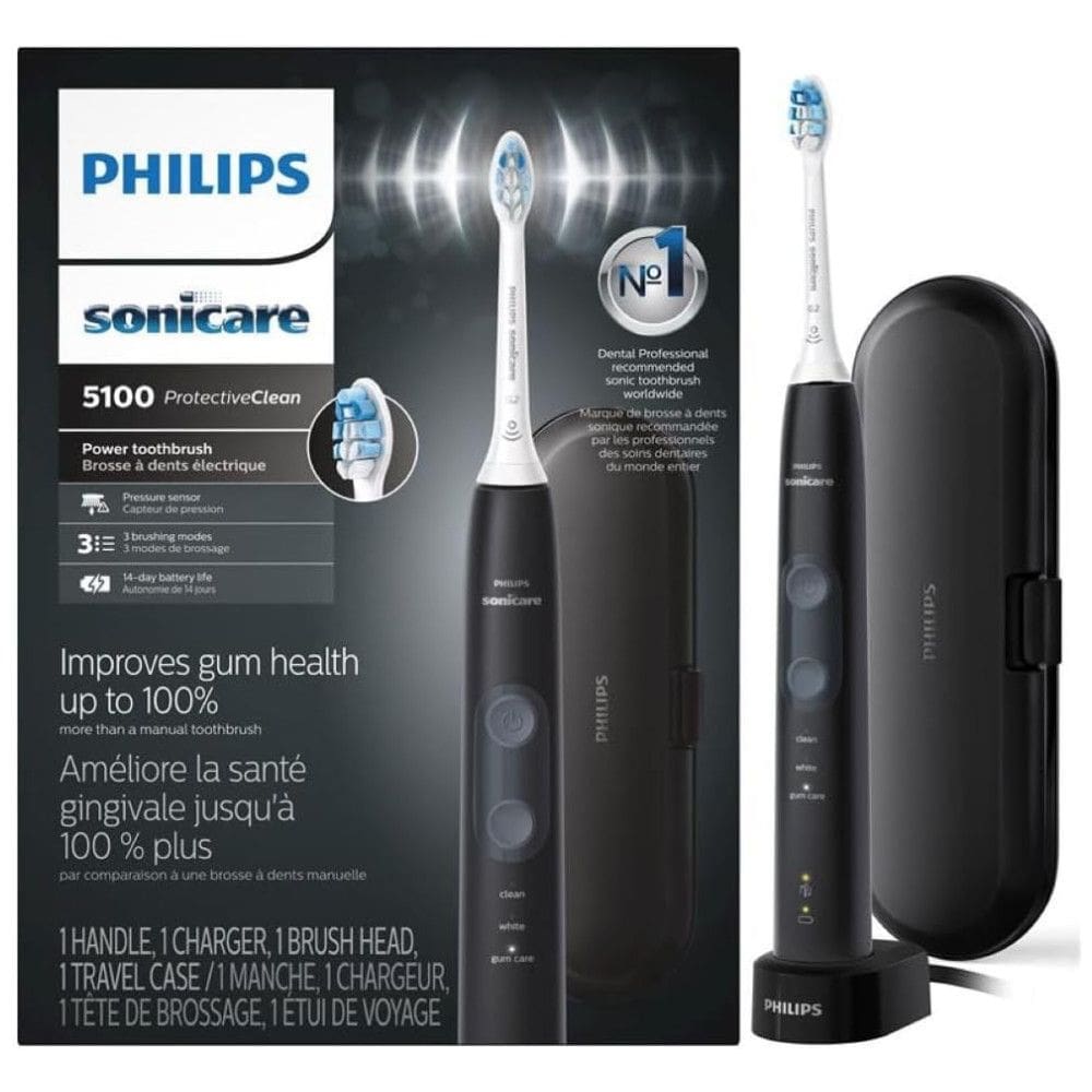 Escova Elétrica ProtectiveClean 5100 Recarregável 3 Modos 1 Cabeça, PHILIPS SONICARE HX6850, 60, Preto