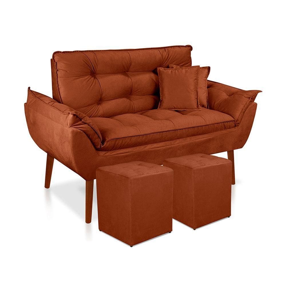 Kit Poltrona Decorativa Namoradeira 2 Puffs Quadrado E 2 Almofadas Suede Terracota - Lm Decor