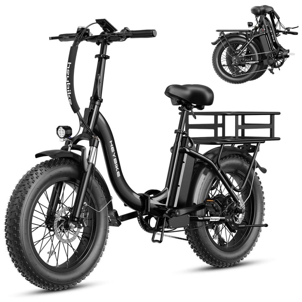 Bicicleta Elétrica Dobrável para Adultos 7 Velocidades até 64km com Amortecedor Duplo, 48V 500W, Heybike, Preta