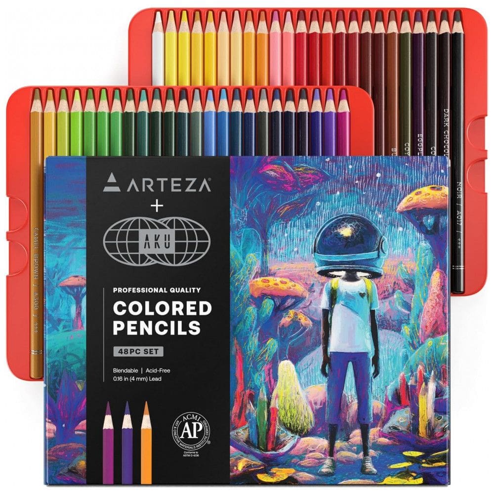 Conjunto de 48 lápis de cor à base de cera ARTEZA AKU World Edition, pré-apontados, ferramentas de mistura suave em caixa colecionável para