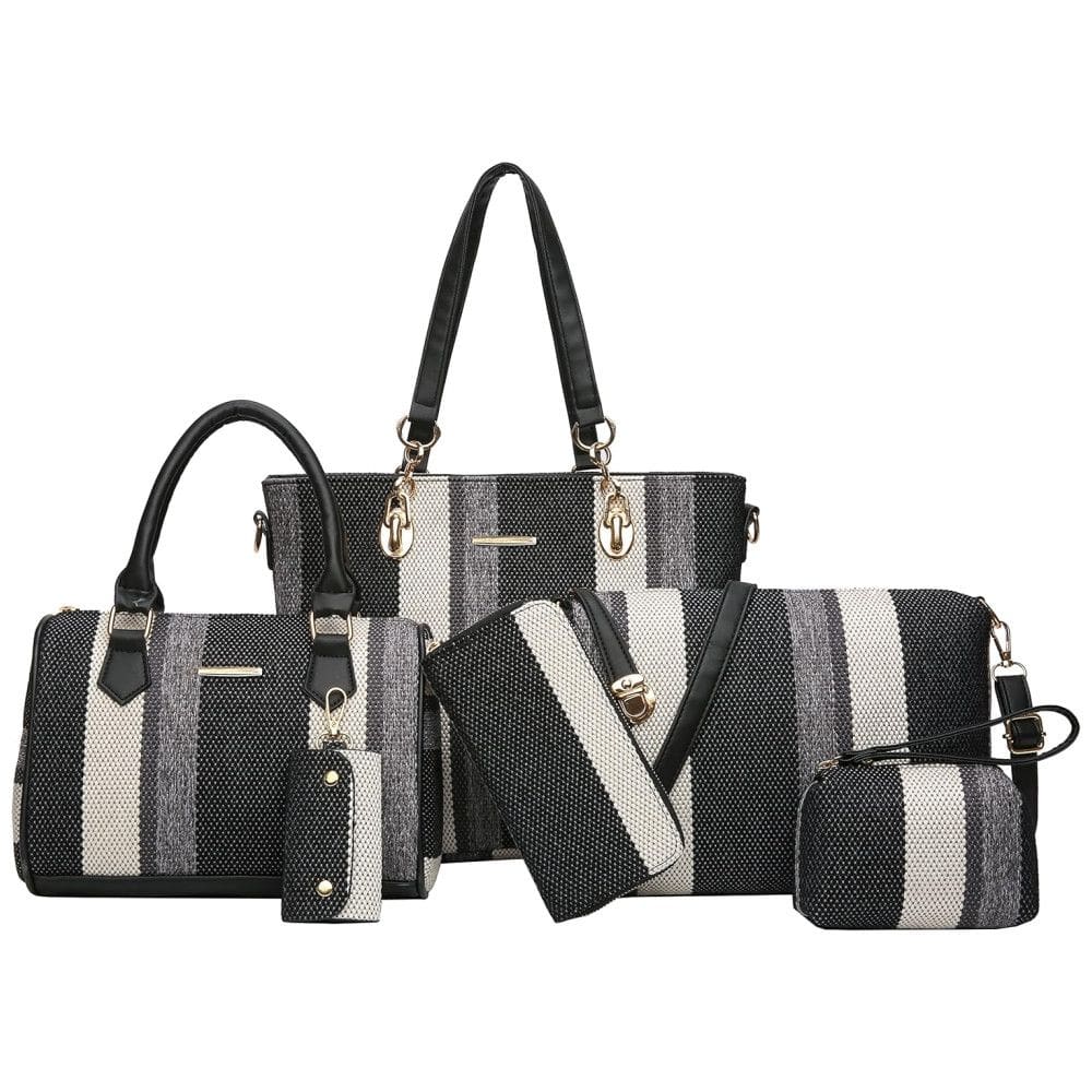 Conjunto de Bolsas Femininas 6 Peças com Carteira, 2E youth, Preto Listrado