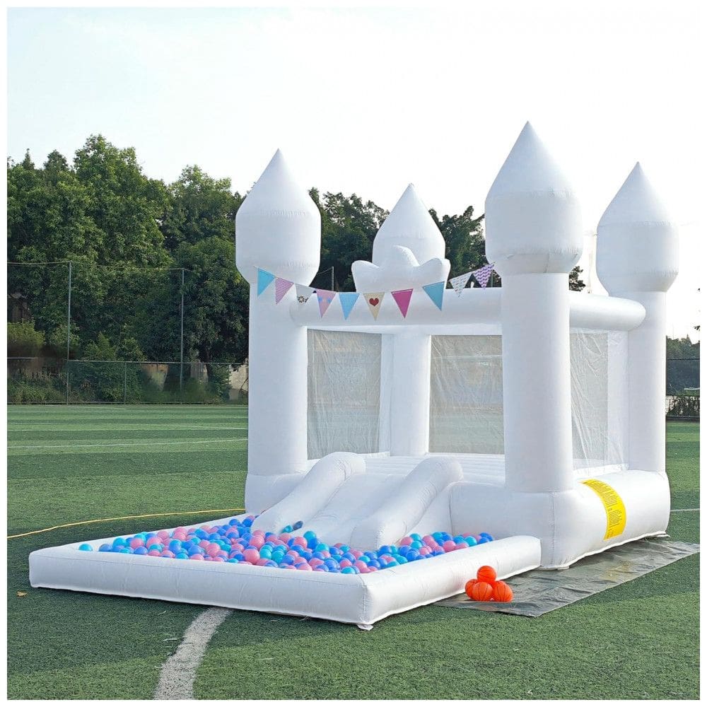 Castelo Inflável Branco com Escorregador Inflável e Piscina - Decoração de Casamento para Crianças e Adultos em Festas de