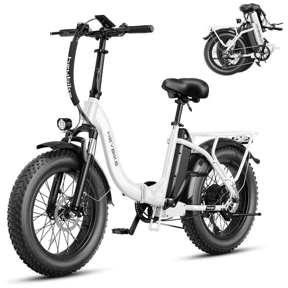 Bicicleta Elétrica Dobrável para Adultos 7 Velocidades até 64km com Amortecedor Duplo, 48V 500W, Heybike, Branca