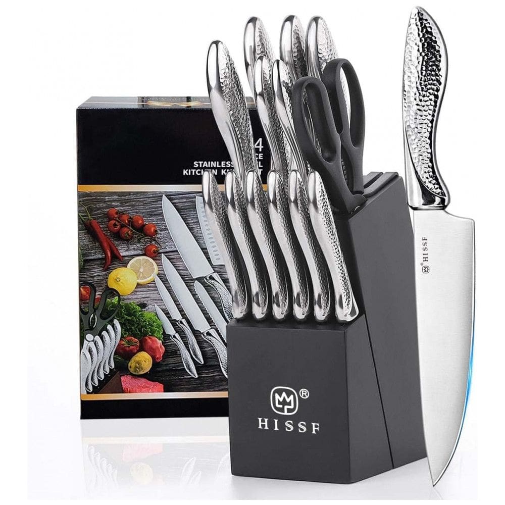 Conjunto de Facas em Aço Inoxidável com Bloco de Bancada e Afiador Embutido, 14 Peças, HISSF, Prata