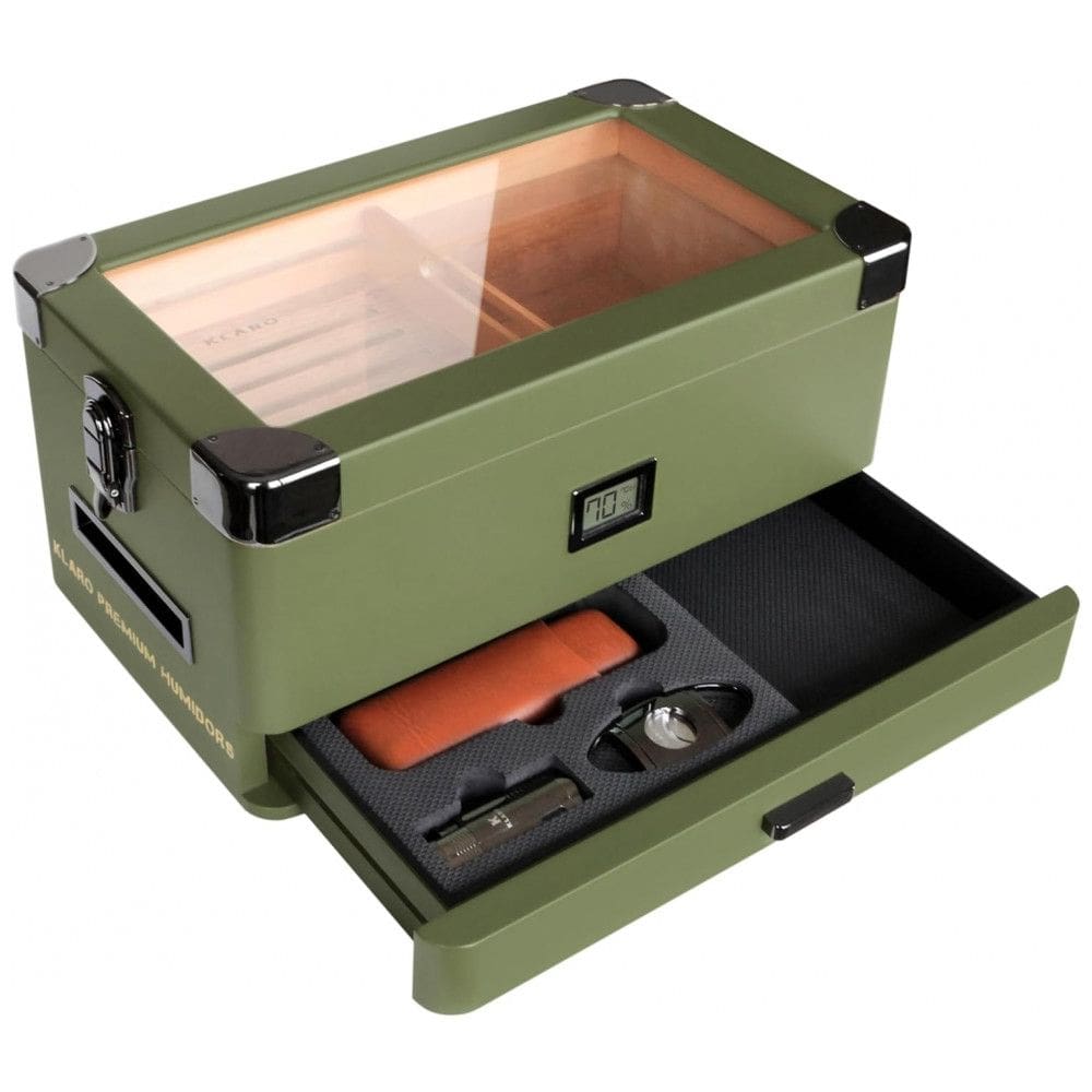 Umidor Militar para Charutos em Madeira de Cedros com Higrômetro Preciso, CASE ELEGANCE, Verde