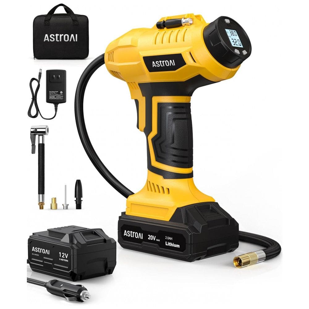 Compressor de Ar Portátil 160 PSI Recarregável com Tela LED e Adaptador de Energia, 20V, AstroAI, Amarelo