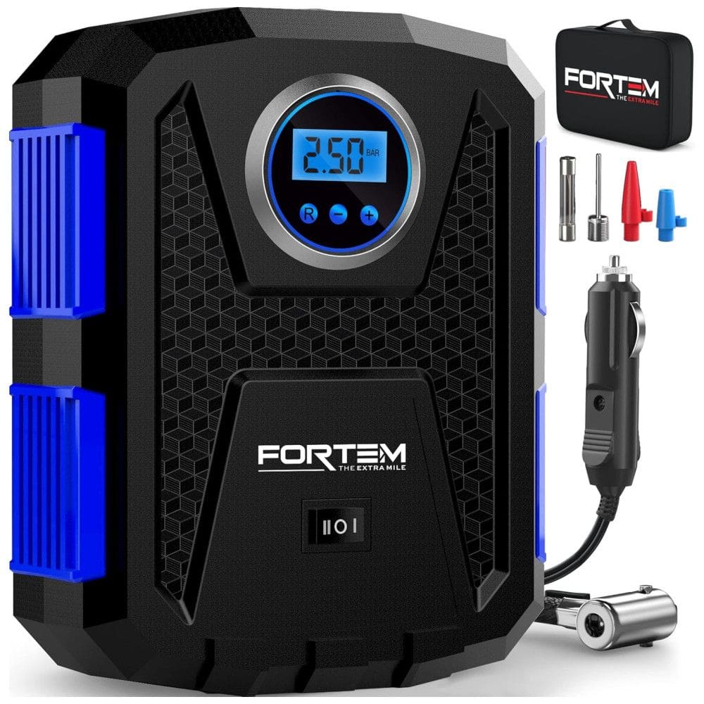 Compressor de Ar com Fio Portátil 150 PSI Recarregável com Tela LED e Desligamento Automático, 12V, FORTEM, Azul