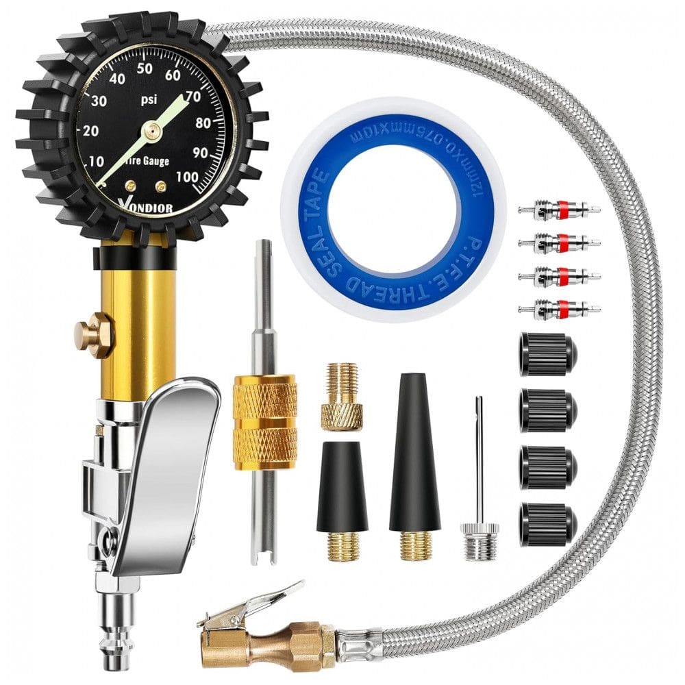 Calibrador de Pneus Vondior com Manômetro0100 PSI ANSI B40.1 Preciso, Mostrador Luminoso de 2”, Mangueira Trançada Premium
