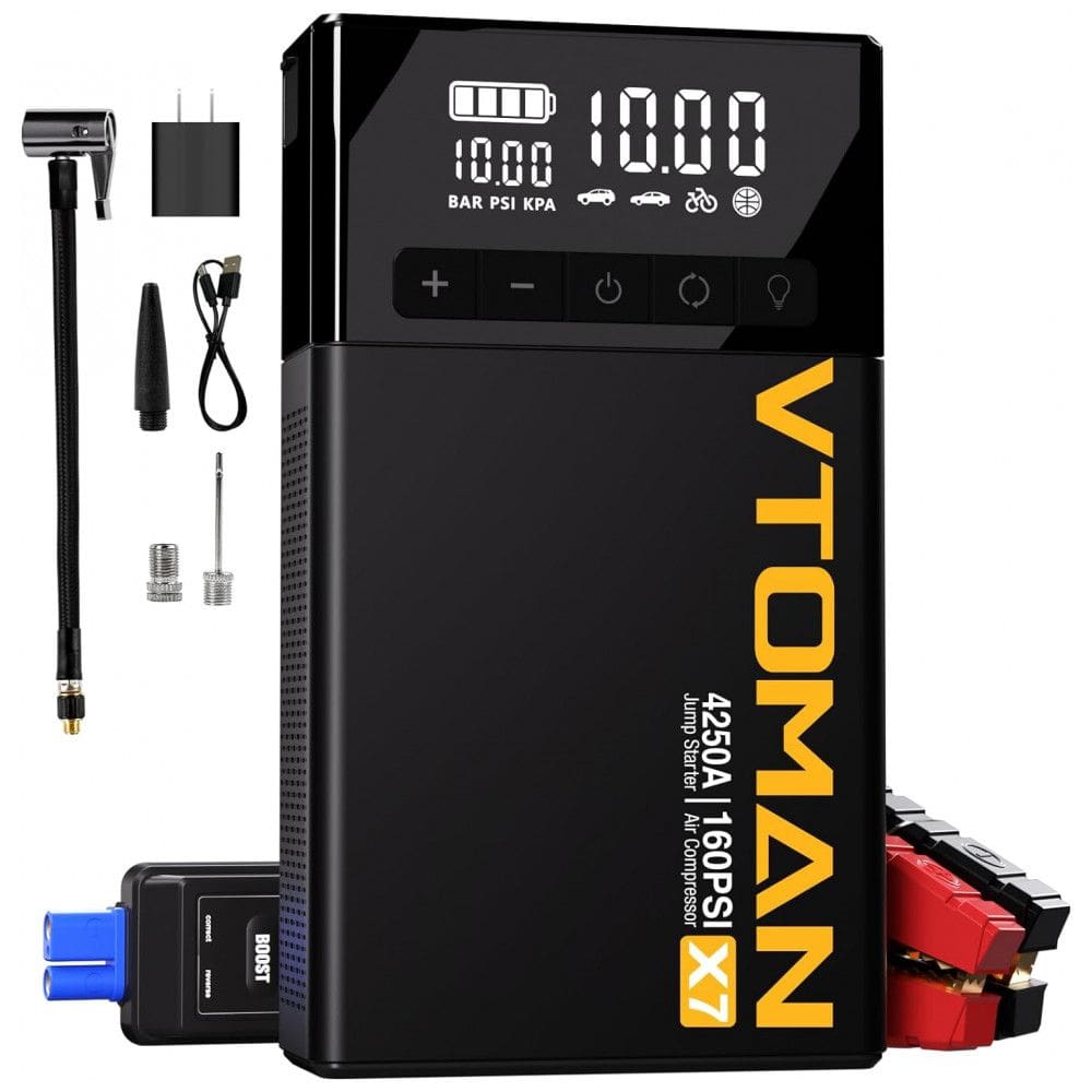 Compressor de Ar Portátil 160 PSI Recarregável com Display Inteligente e Acionador de Partida, 12V, VTOMAN X7, Preto