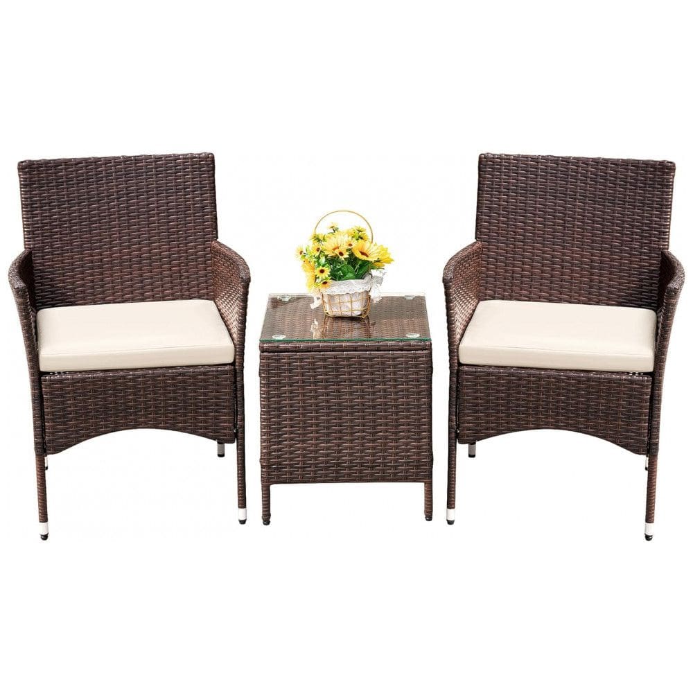 Conjunto de Móveis de Varanda Devoko 3 Peças de Vime de PE com Cadeiras e Mesa para Área Externa - Marrom/Bege
