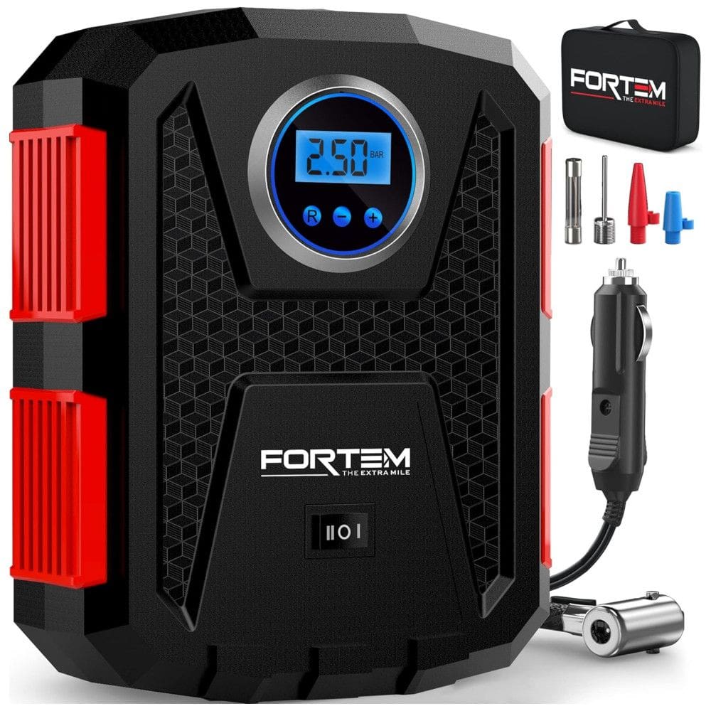 Compressor de Ar Elétrico Mini Portátil, 150 PSI, 12V DC, 120W com desligamento automático, FORTEM FRTM DAC, Vermelho