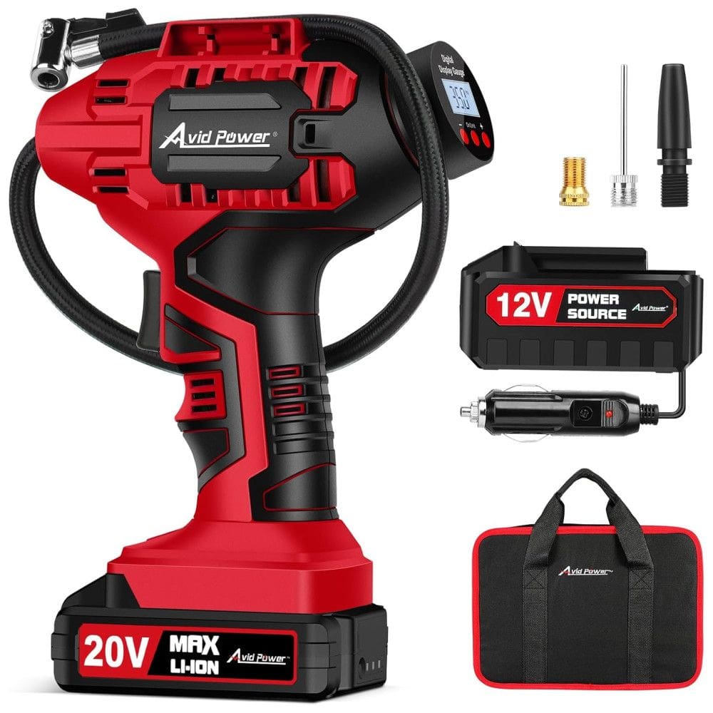 Mini Compressor de Ar Elétrico Automotivo, portátil, 20V, 12V, 100 PSI e LCD digital, AVID POWER MW110D, Vermelho