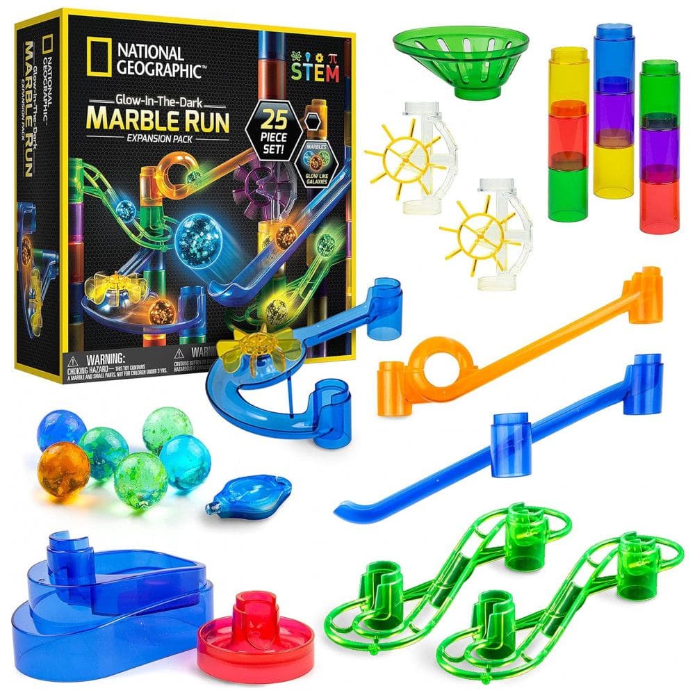Blue Marble: Pacote de Expansão NATIONAL GEOGRAPHIC Glowing Marble Run com 5 Marbles Luminosos de Vidro no Escuro, 20 Peças de Construção