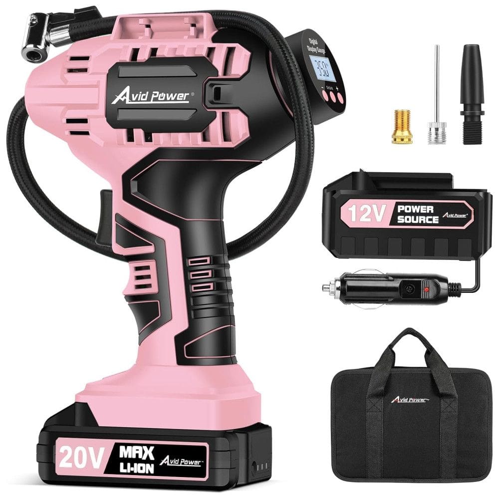 Compressor de Ar Portátil 100 PSI Recarregável com Tela LED e Bateria de Íon de Lítio, 20V, Avid Power AVC115DB, Rosa