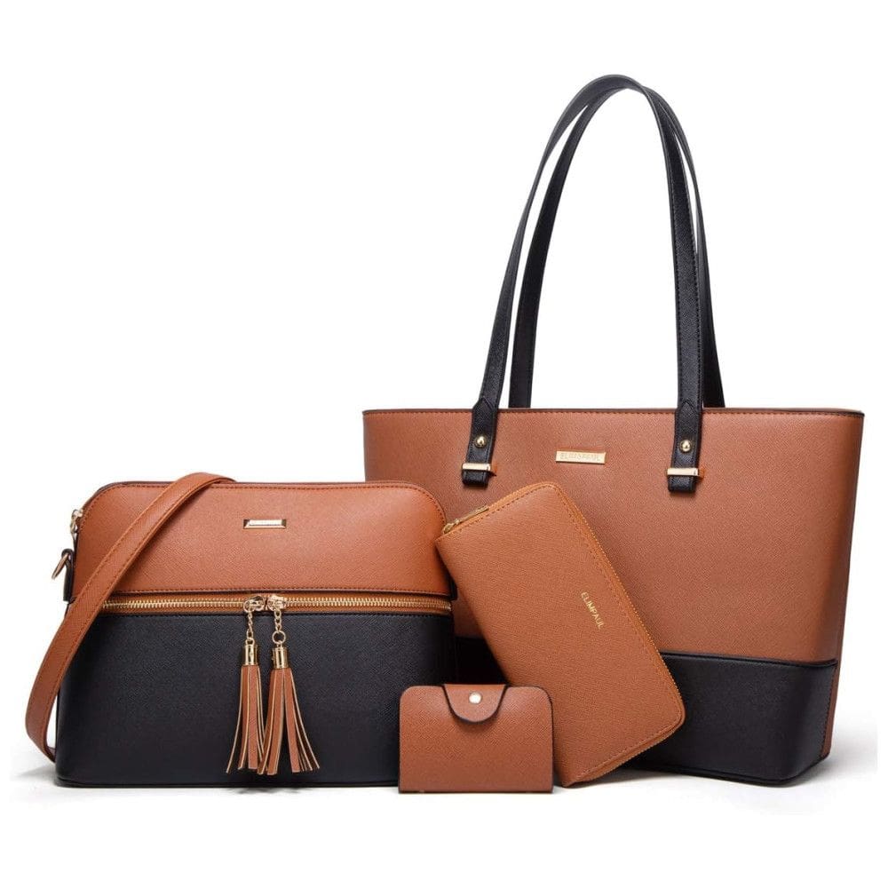 Conjunto de Bolsas Femininas em Couro Sintético 4 Peças com Carteira, Lovematch, Preto e Marrom