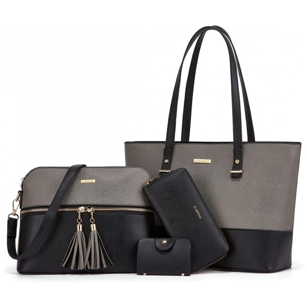 Conjunto de Bolsas Femininas em Couro Sintético 4 Peças com Carteira, Lovematch, Preto e Cinza Escuro