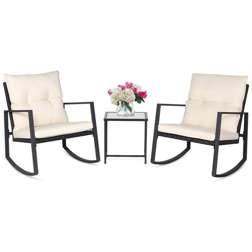 Conjunto de Móveis de Vime Preto para Varanda com Mesa de Centro de Vidro - SUNCROWN