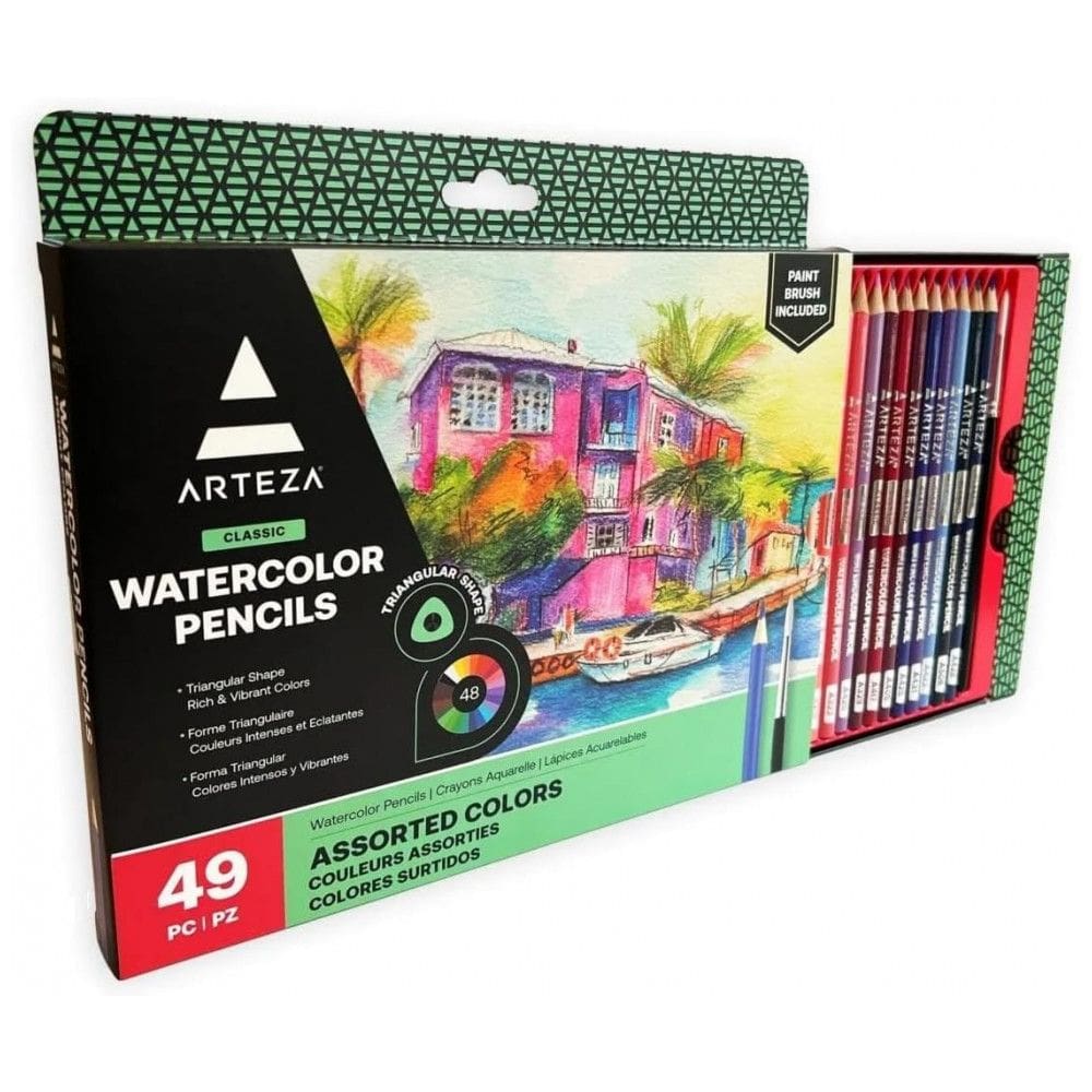 Conjunto de lápis de cor aquarela Arteza para colorir adulto, 49 lápis triangulares apontados para desenho, ideal para adolescentes