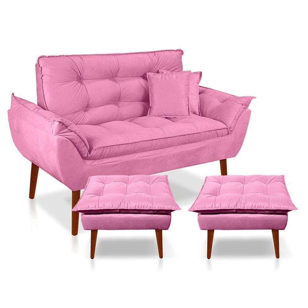 Kit Poltrona Decorativa Namoradeira 2 Puffs Opala E 2 Almofadas Suede Rose - Lm Decor