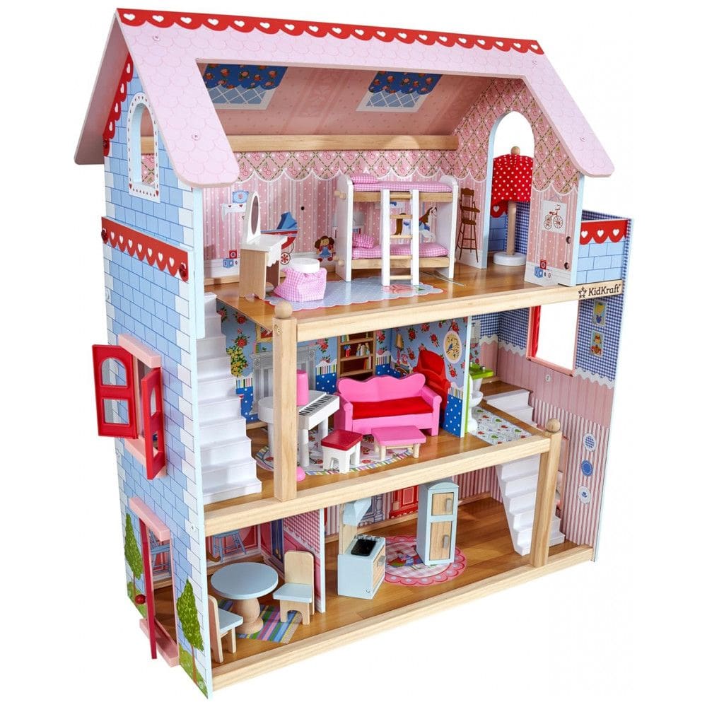 Casa de Bonecas de Madeira com 16 Acessórios 3 Andares para Crianças a partir de 3 anos, KidKraft, Rosa