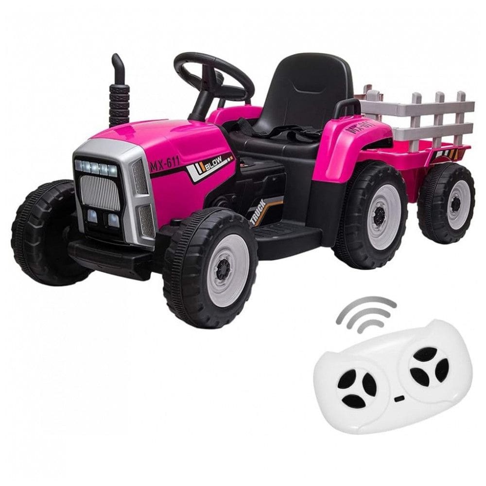 Trator Elétrico Infantil 12V com Reboque, Carro de Passeio para Crianças com Controle Remoto, Faróis de LED, MP3 e USB - 3 a 6 Anos, Rosa